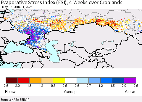 Russian Federation Evaporative Stress Index (ESI), 4-Weeks over Croplands Thematic Map For 6/5/2023 - 6/11/2023