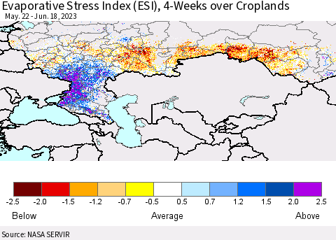 Russian Federation Evaporative Stress Index (ESI), 4-Weeks over Croplands Thematic Map For 6/12/2023 - 6/18/2023