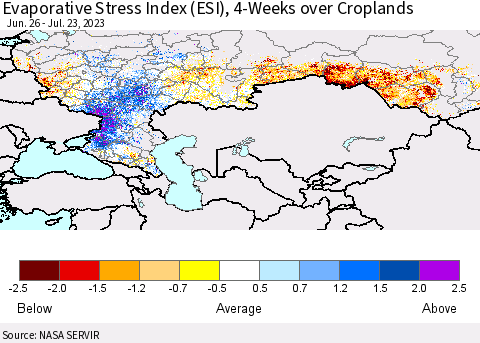 Russian Federation Evaporative Stress Index (ESI), 4-Weeks over Croplands Thematic Map For 7/17/2023 - 7/23/2023