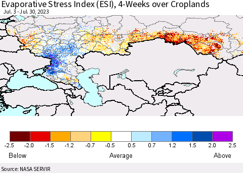 Russian Federation Evaporative Stress Index (ESI), 4-Weeks over Croplands Thematic Map For 7/24/2023 - 7/30/2023