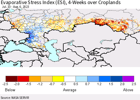 Russian Federation Evaporative Stress Index (ESI), 4-Weeks over Croplands Thematic Map For 7/31/2023 - 8/6/2023