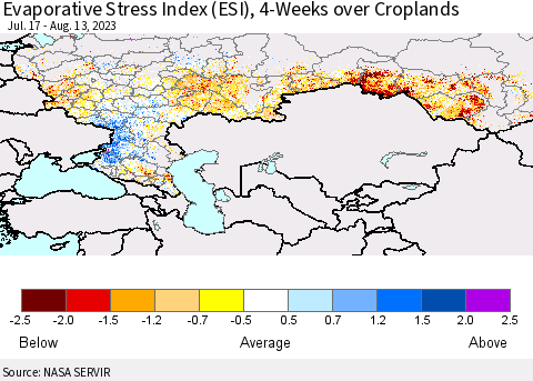 Russian Federation Evaporative Stress Index (ESI), 4-Weeks over Croplands Thematic Map For 8/7/2023 - 8/13/2023