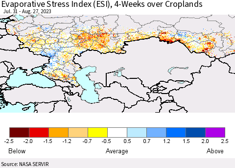 Russian Federation Evaporative Stress Index (ESI), 4-Weeks over Croplands Thematic Map For 8/21/2023 - 8/27/2023