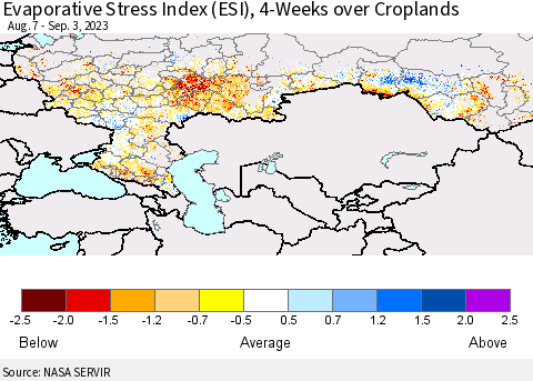 Russian Federation Evaporative Stress Index (ESI), 4-Weeks over Croplands Thematic Map For 8/28/2023 - 9/3/2023