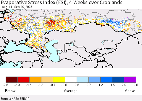Russian Federation Evaporative Stress Index (ESI), 4-Weeks over Croplands Thematic Map For 9/4/2023 - 9/10/2023