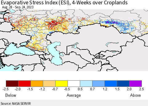 Russian Federation Evaporative Stress Index (ESI), 4-Weeks over Croplands Thematic Map For 9/18/2023 - 9/24/2023