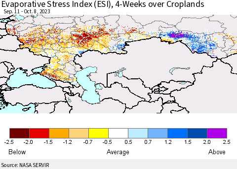 Russian Federation Evaporative Stress Index (ESI), 4-Weeks over Croplands Thematic Map For 10/2/2023 - 10/8/2023
