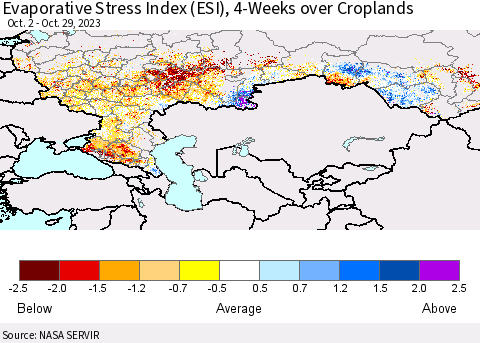 Russian Federation Evaporative Stress Index (ESI), 4-Weeks over Croplands Thematic Map For 10/23/2023 - 10/29/2023