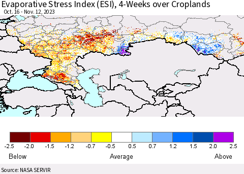 Russian Federation Evaporative Stress Index (ESI), 4-Weeks over Croplands Thematic Map For 11/6/2023 - 11/12/2023