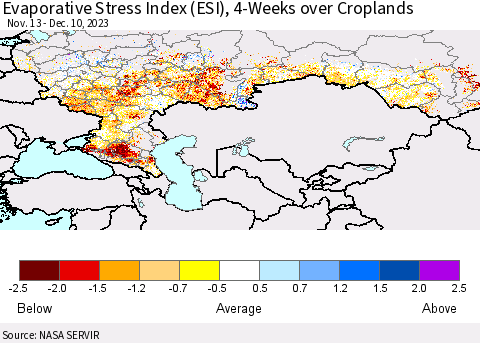 Russian Federation Evaporative Stress Index (ESI), 4-Weeks over Croplands Thematic Map For 12/4/2023 - 12/10/2023