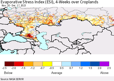 Russian Federation Evaporative Stress Index (ESI), 4-Weeks over Croplands Thematic Map For 12/11/2023 - 12/17/2023