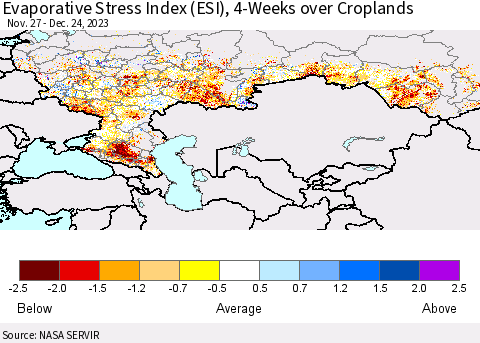 Russian Federation Evaporative Stress Index (ESI), 4-Weeks over Croplands Thematic Map For 12/18/2023 - 12/24/2023