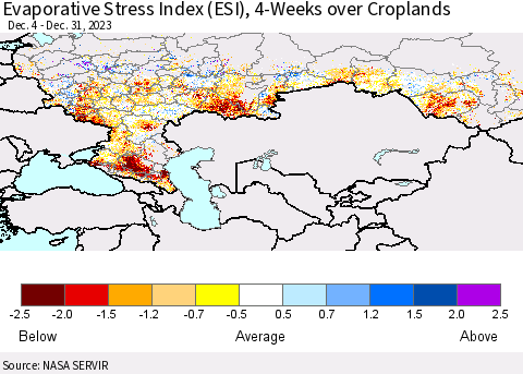 Russian Federation Evaporative Stress Index (ESI), 4-Weeks over Croplands Thematic Map For 12/25/2023 - 12/31/2023