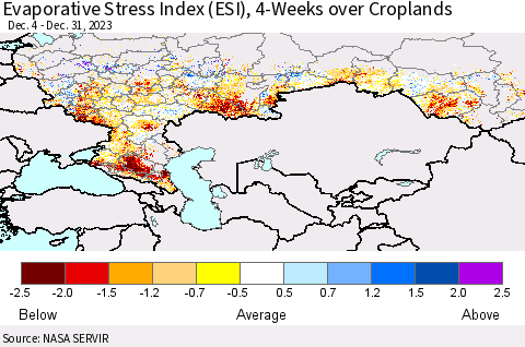 Russian Federation Evaporative Stress Index (ESI), 4-Weeks over Croplands Thematic Map For 1/1/2024 - 1/7/2024