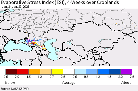 Russian Federation Evaporative Stress Index (ESI), 4-Weeks over Croplands Thematic Map For 1/29/2024 - 2/4/2024