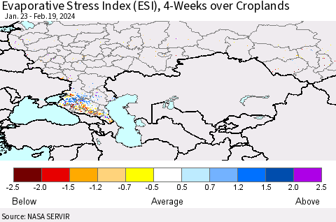 Russian Federation Evaporative Stress Index (ESI), 4-Weeks over Croplands Thematic Map For 2/19/2024 - 2/25/2024