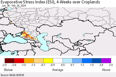 Russian Federation Evaporative Stress Index (ESI), 4-Weeks over Croplands Thematic Map For 2/26/2024 - 3/3/2024