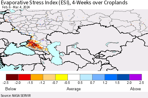 Russian Federation Evaporative Stress Index (ESI), 4-Weeks over Croplands Thematic Map For 3/4/2024 - 3/10/2024