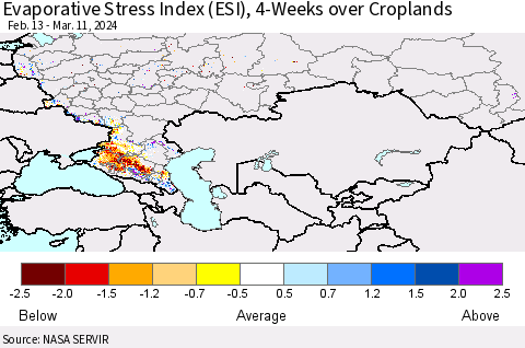 Russian Federation Evaporative Stress Index (ESI), 4-Weeks over Croplands Thematic Map For 3/11/2024 - 3/17/2024