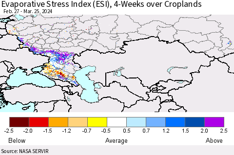 Russian Federation Evaporative Stress Index (ESI), 4-Weeks over Croplands Thematic Map For 3/25/2024 - 3/31/2024