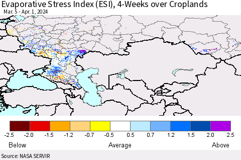 Russian Federation Evaporative Stress Index (ESI), 4-Weeks over Croplands Thematic Map For 4/1/2024 - 4/7/2024