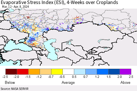 Russian Federation Evaporative Stress Index (ESI), 4-Weeks over Croplands Thematic Map For 4/8/2024 - 4/14/2024