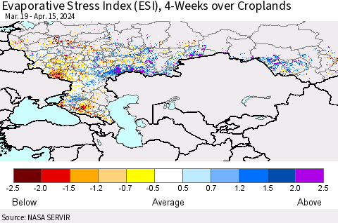 Russian Federation Evaporative Stress Index (ESI), 4-Weeks over Croplands Thematic Map For 4/15/2024 - 4/21/2024