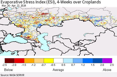 Russian Federation Evaporative Stress Index (ESI), 4-Weeks over Croplands Thematic Map For 4/22/2024 - 4/28/2024