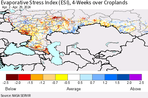 Russian Federation Evaporative Stress Index (ESI), 4-Weeks over Croplands Thematic Map For 4/29/2024 - 5/5/2024