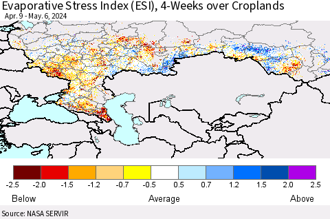 Russian Federation Evaporative Stress Index (ESI), 4-Weeks over Croplands Thematic Map For 5/6/2024 - 5/12/2024
