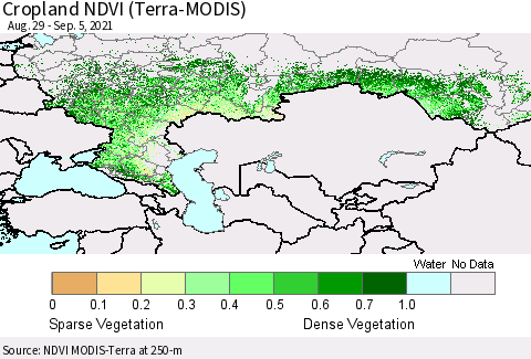 Russian Federation Cropland NDVI (Terra-MODIS) Thematic Map For 8/29/2021 - 9/5/2021