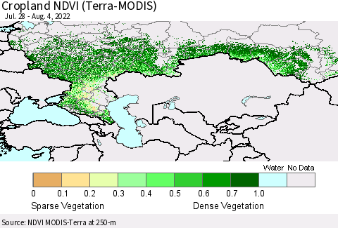 Russian Federation Cropland NDVI (Terra-MODIS) Thematic Map For 7/28/2022 - 8/4/2022