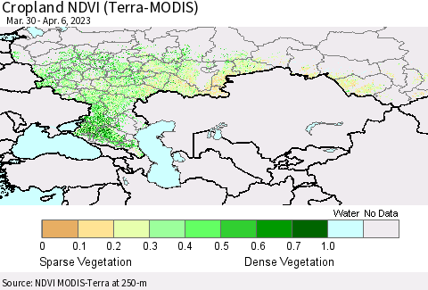 Russian Federation Cropland NDVI (Terra-MODIS) Thematic Map For 3/30/2023 - 4/6/2023