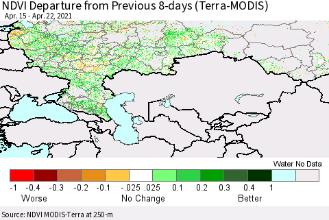 Russian Federation NDVI Departure from Previous 8-days (Terra-MODIS) Thematic Map For 4/15/2021 - 4/22/2021