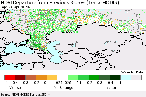 Russian Federation NDVI Departure from Previous 8-days (Terra-MODIS) Thematic Map For 4/23/2021 - 4/30/2021