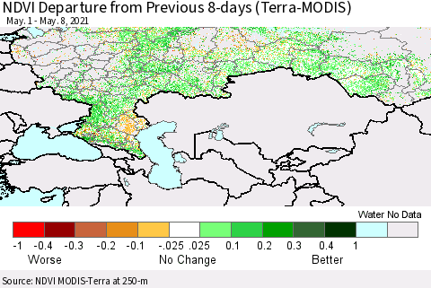 Russian Federation NDVI Departure from Previous 8-days (Terra-MODIS) Thematic Map For 5/1/2021 - 5/8/2021
