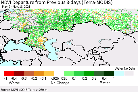 Russian Federation NDVI Departure from Previous 8-days (Terra-MODIS) Thematic Map For 5/9/2021 - 5/16/2021