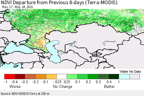 Russian Federation NDVI Departure from Previous 8-days (Terra-MODIS) Thematic Map For 5/17/2021 - 5/24/2021