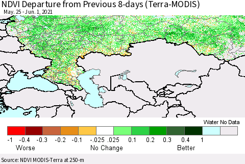 Russian Federation NDVI Departure from Previous 8-days (Terra-MODIS) Thematic Map For 5/25/2021 - 6/1/2021