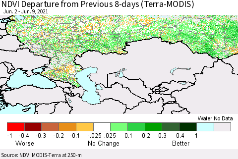 Russian Federation NDVI Departure from Previous 8-days (Terra-MODIS) Thematic Map For 6/2/2021 - 6/9/2021