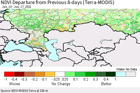 Russian Federation NDVI Departure from Previous 8-days (Terra-MODIS) Thematic Map For 6/10/2021 - 6/17/2021
