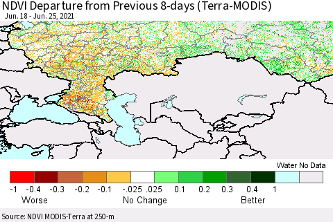 Russian Federation NDVI Departure from Previous 8-days (Terra-MODIS) Thematic Map For 6/18/2021 - 6/25/2021