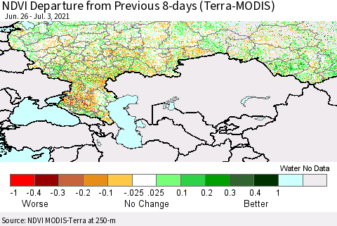 Russian Federation NDVI Departure from Previous 8-days (Terra-MODIS) Thematic Map For 6/26/2021 - 7/3/2021