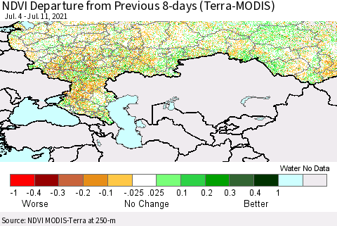 Russian Federation NDVI Departure from Previous 8-days (Terra-MODIS) Thematic Map For 7/4/2021 - 7/11/2021