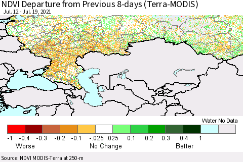 Russian Federation NDVI Departure from Previous 8-days (Terra-MODIS) Thematic Map For 7/12/2021 - 7/19/2021
