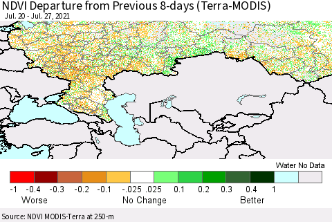 Russian Federation NDVI Departure from Previous 8-days (Terra-MODIS) Thematic Map For 7/20/2021 - 7/27/2021