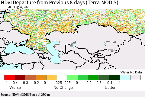Russian Federation NDVI Departure from Previous 8-days (Terra-MODIS) Thematic Map For 7/28/2021 - 8/4/2021