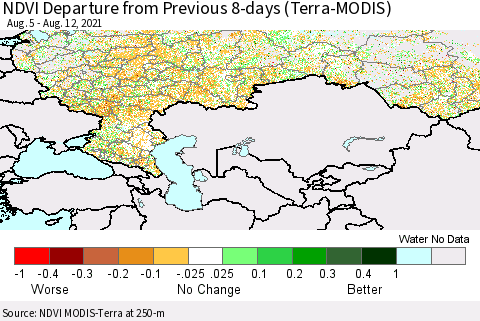 Russian Federation NDVI Departure from Previous 8-days (Terra-MODIS) Thematic Map For 8/5/2021 - 8/12/2021
