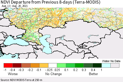 Russian Federation NDVI Departure from Previous 8-days (Terra-MODIS) Thematic Map For 8/13/2021 - 8/20/2021
