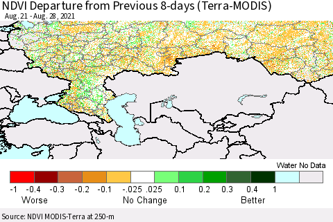 Russian Federation NDVI Departure from Previous 8-days (Terra-MODIS) Thematic Map For 8/21/2021 - 8/28/2021
